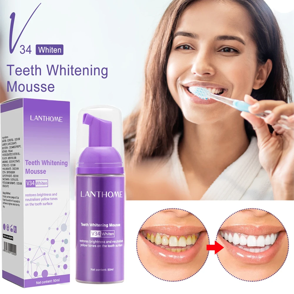 50ml Teeth Whitening Mousse V34 Deep Cleaning Cigarette Stains Repair Bright Neutralizes Yellow Tones Dental Plaque Fresh Breath