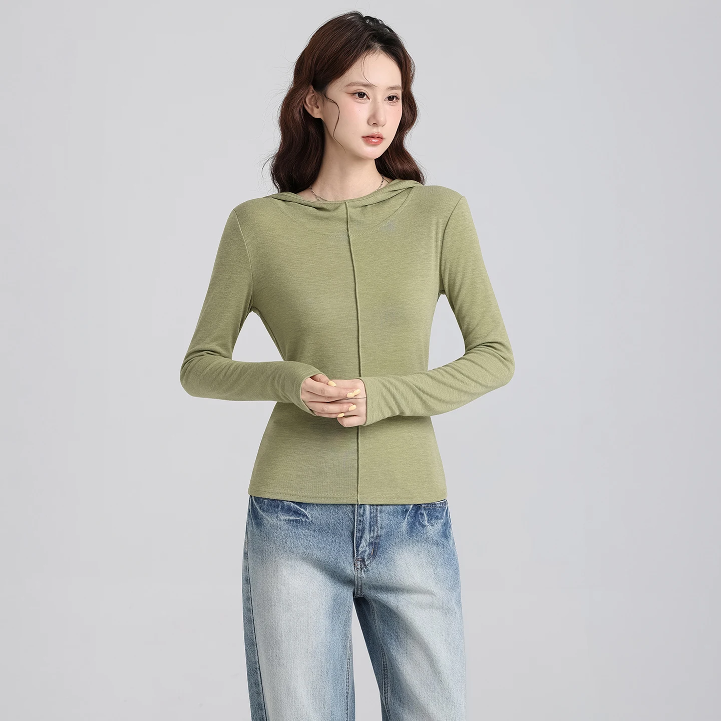 

Уникальная приталенная зеленая футболка-пуловер с капюшоном и длинными рукавами для женщин, осенне-зимняя мода, с базовым слоем и верхом