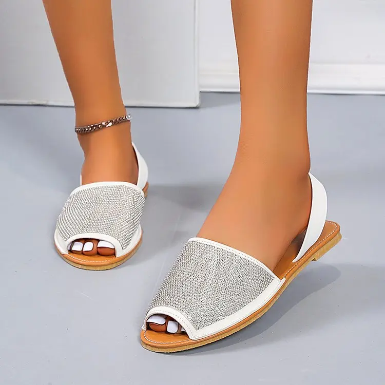2022 sandali da donna superficie in pelle sandali retrò con strass Slip on Casual Open Toe cucito scarpe da spiaggia piatte da donna