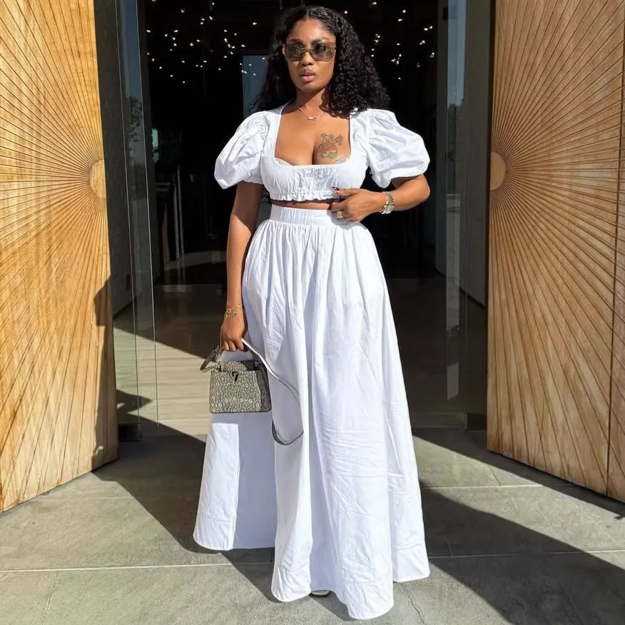 

Two-Piece Skirt Set Casual Outfit for Women Summer Elegant French Style Puff Sleeve Short Top Summer Vacation Half Skirt