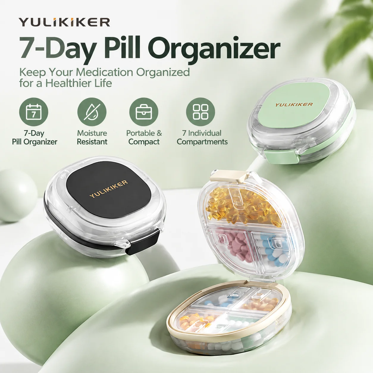 Portable 7 Compartment Pill Organizer Mini Weekly Medicine Box Moisture Proof Pill Case BPA Free For Travel Home