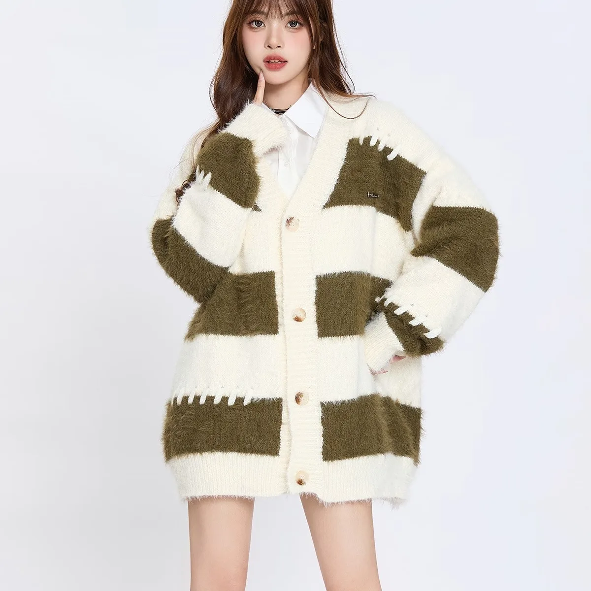 

Small Fresh Korean Lazy Contrasting And Soft Mink Fur Striped Sweater For Women's Outerwear Knitted Cardigan