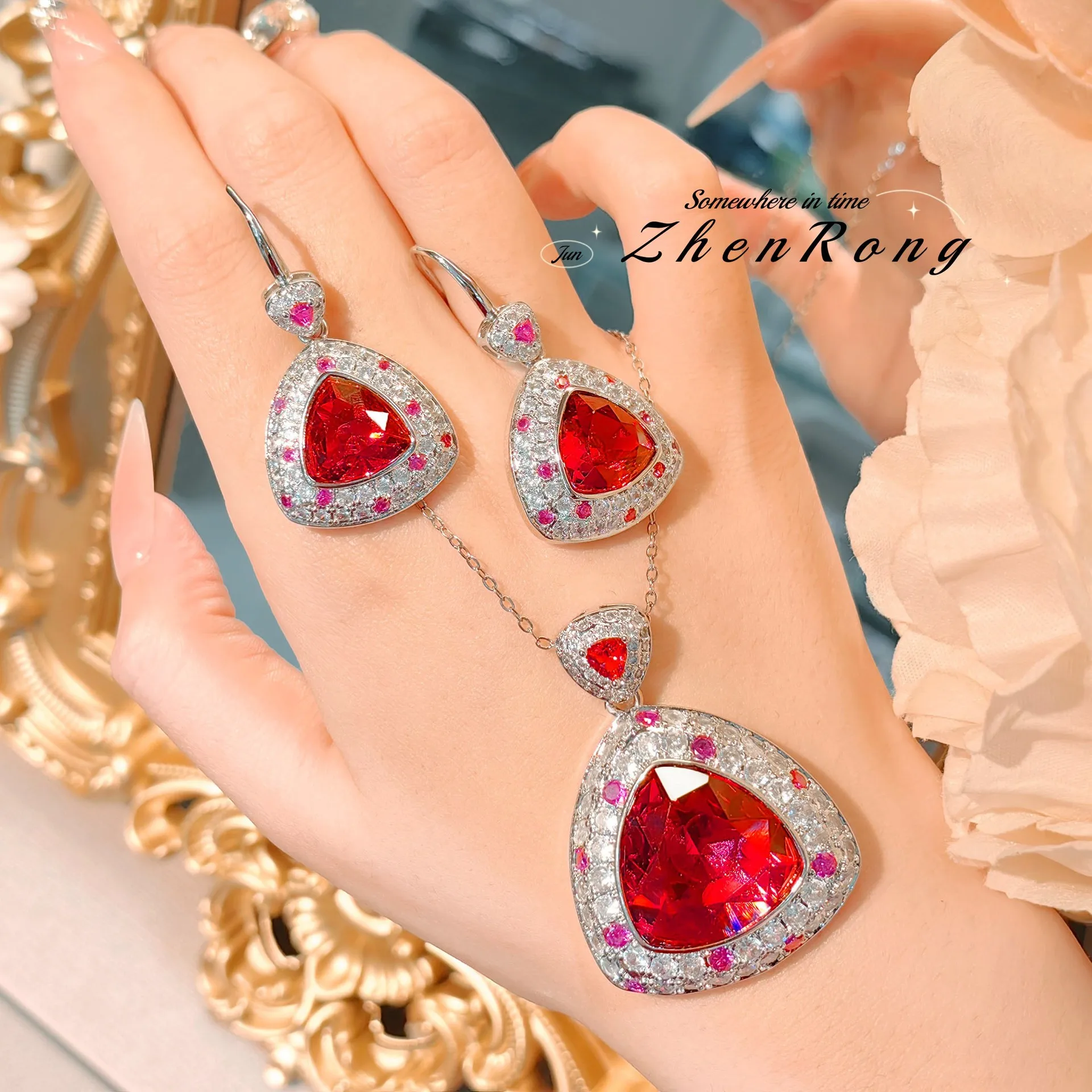S925 sterling silver stud earrings ring necklace set retro geometric fat triangular red diamond colored treasure set