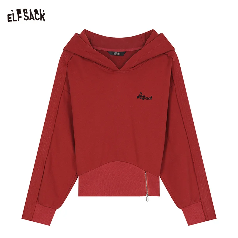 ELFSACK 2024 Autumn New Arrive Dark Red hooded sweatshirt for women, short top