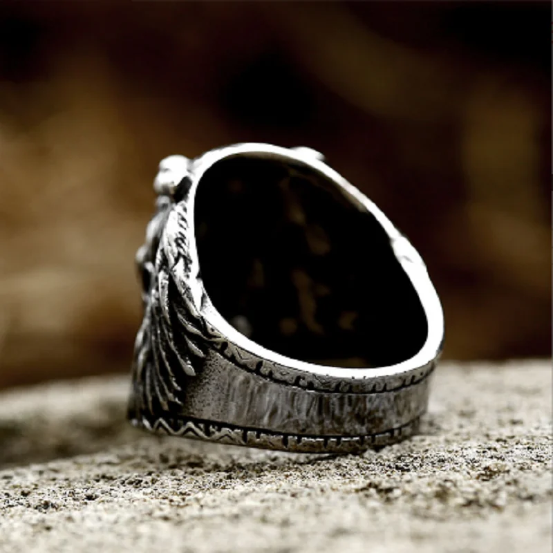 Megin D Stainless Steel Titanium Celtic Totem Indian Chief Wolf Head Boho Human Face Rings for Women Men Couple Gift Jewelry
