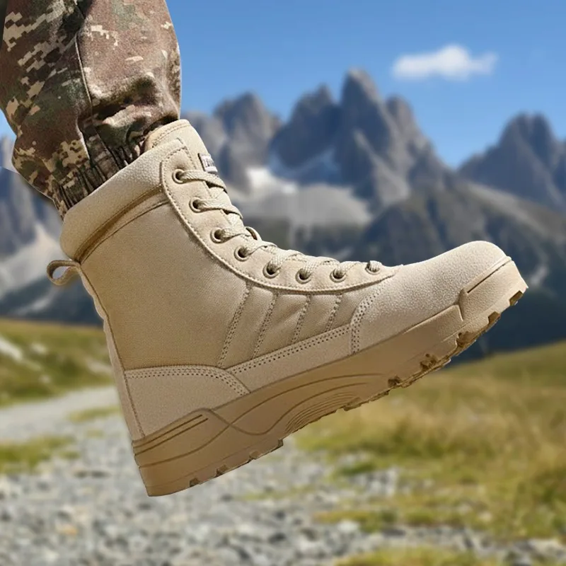 Men's High-top Boots Outdoor Non Slip Hiking Boots Military Combat Boot Lace Up Desert Ankle Boot Breathable Casual Boots Botas