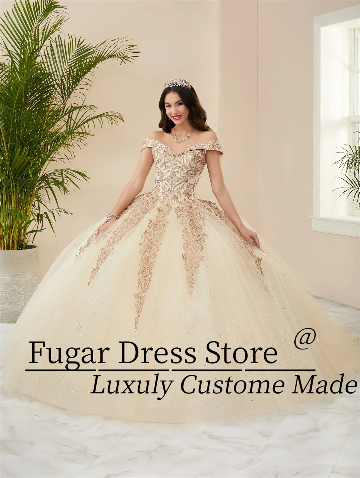 Luxury Glitter Off Shoulder Quincenara Dresses Cute Golden Decal Sweet 16 Gown Romantic Sweetheart Princess vestidos de festa