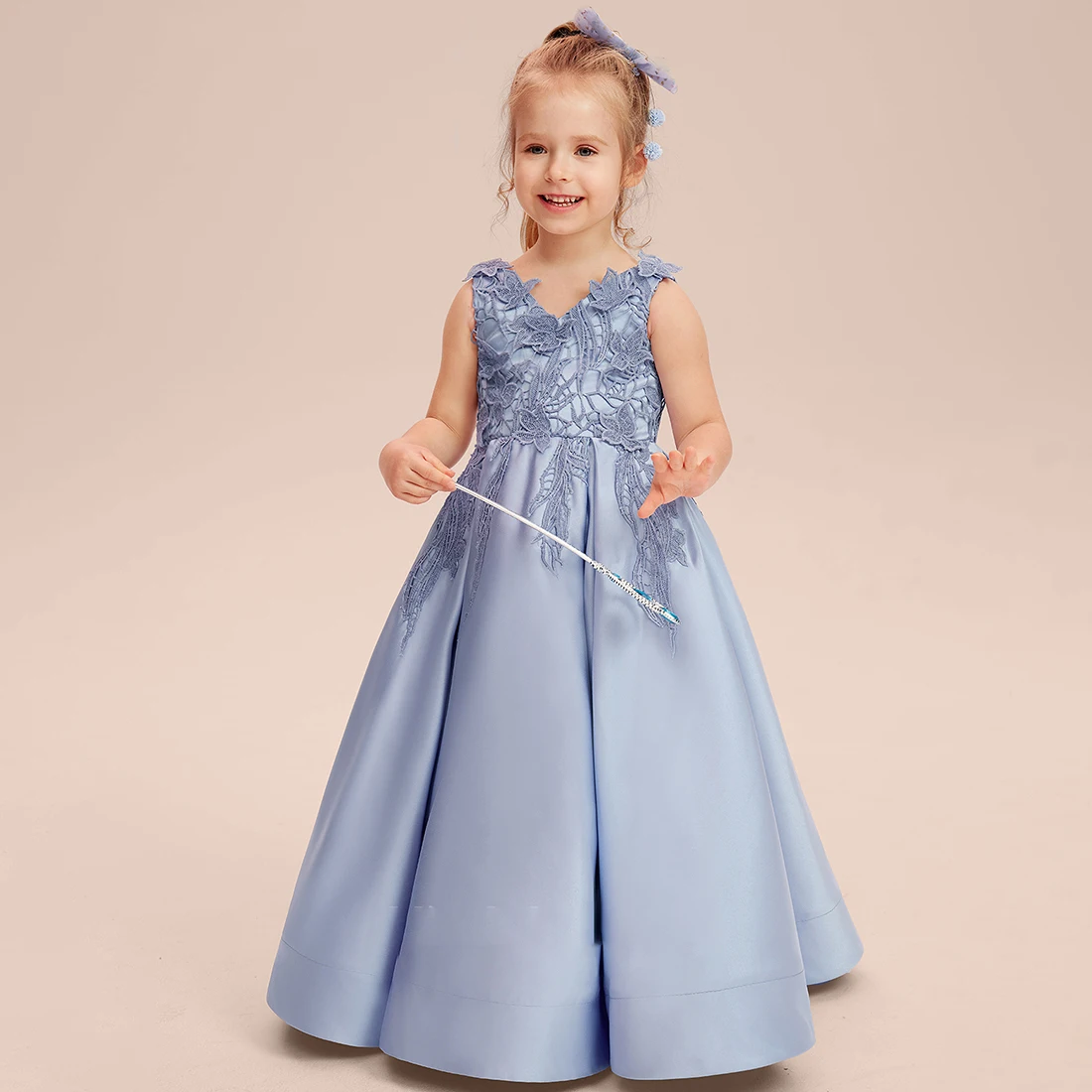 YZYmanualroom Lace Satin Flower Girl Dress A-line V-Neck Floor-Length 2-15T