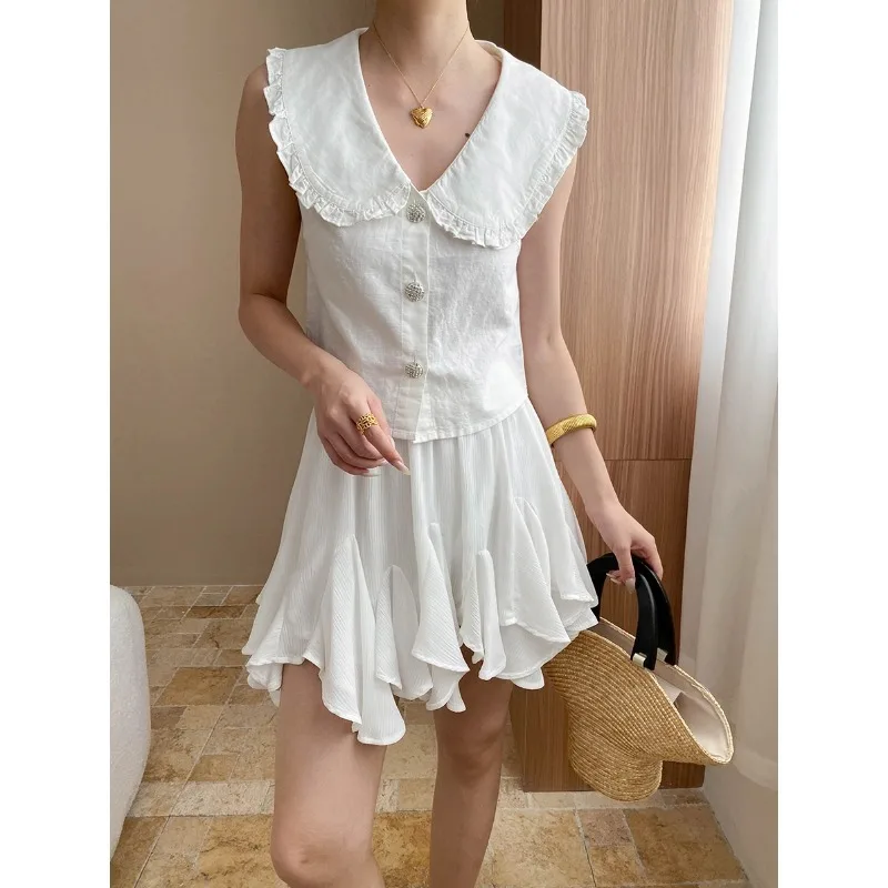 2025 Linen Cotton Sweet and Gentle Doll Neck Sleeveless Vest Shirt for Small People