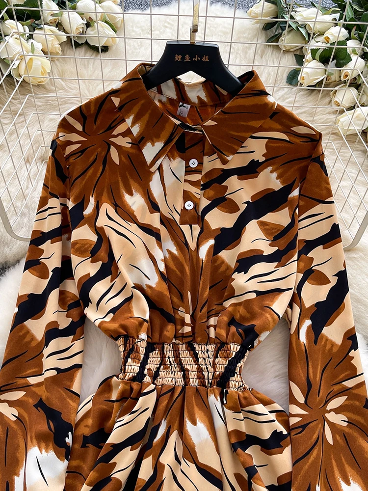 Femmes automne français chemise robe rétro imprimé tempérament Floral à la mode taille élastique cintré Mini robes femme DS284