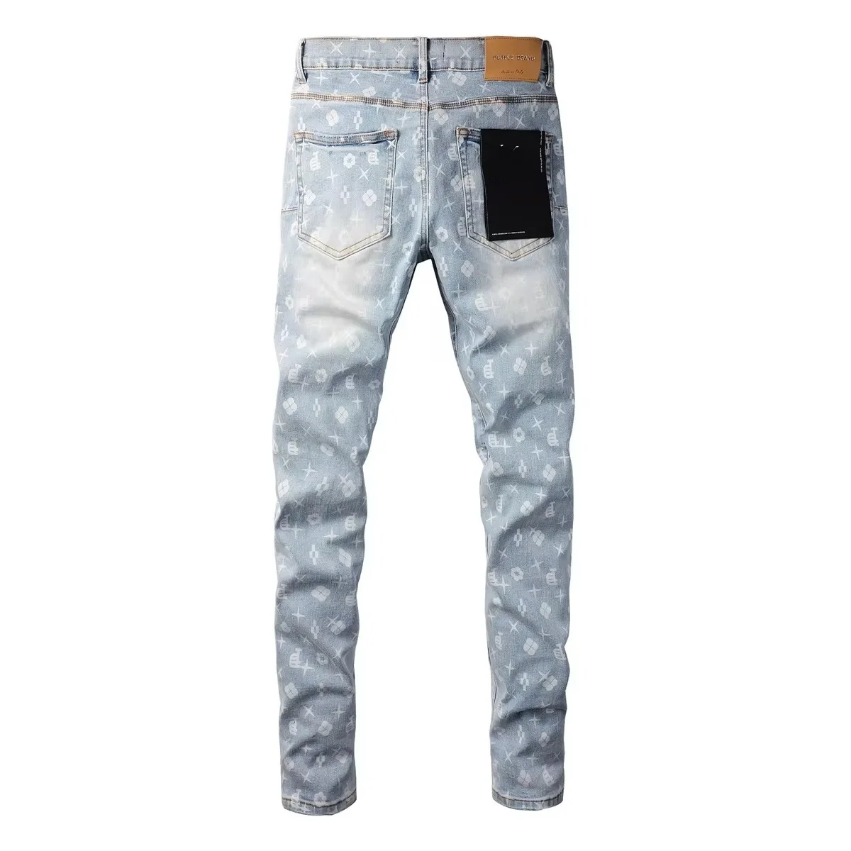 Calça jeans estampada de rua alta masculina, calça púrpura, cintura baixa, letras graffiti, reparação, magro, qualidade superior, marca de moda