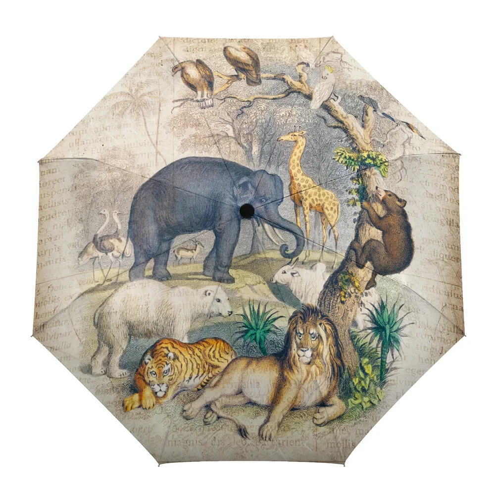 Old Newspaper Elephant Lion Tiger Parasol Umbrella for Outdoor Non Automatic Three Strands Rain Umbrella Adults Shade Umbrellas