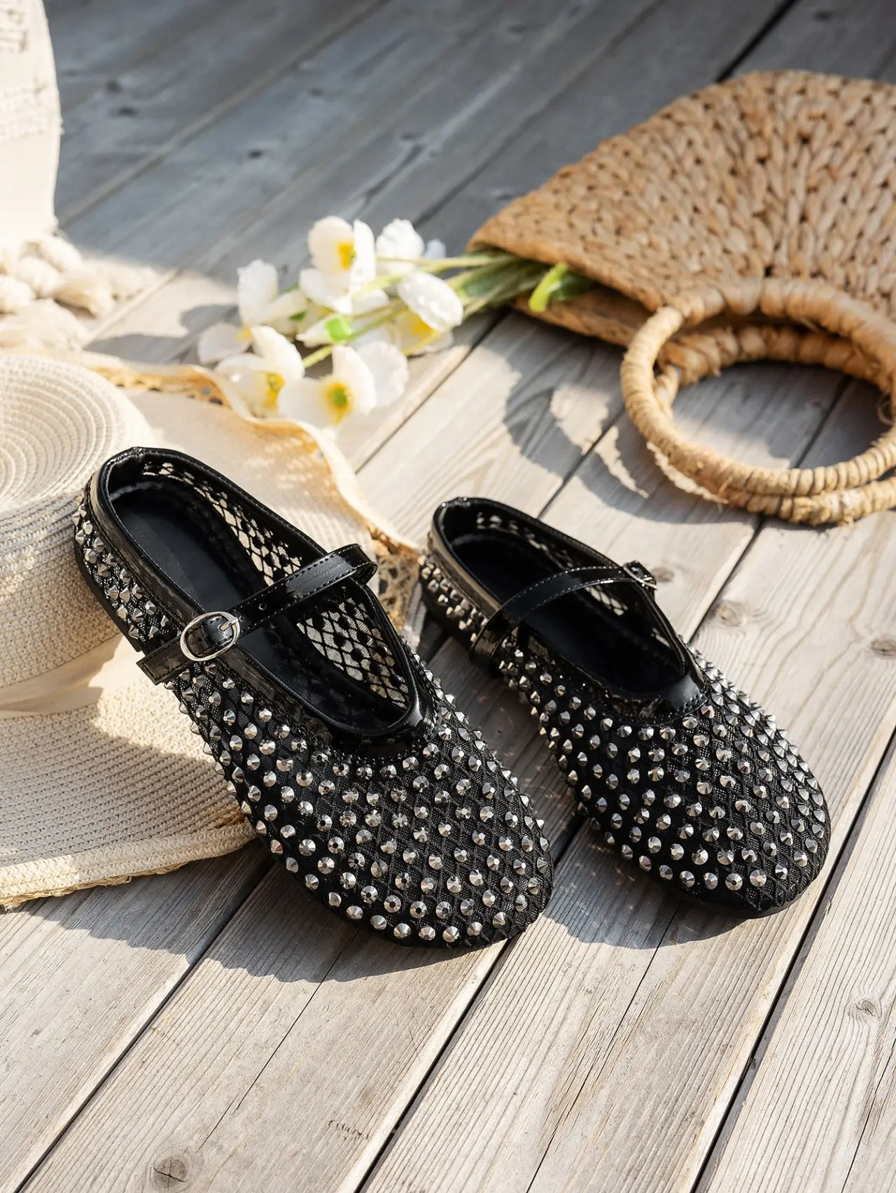 Zapatos planos con diamantes de imitación para mujer, bailarinas - Main Image