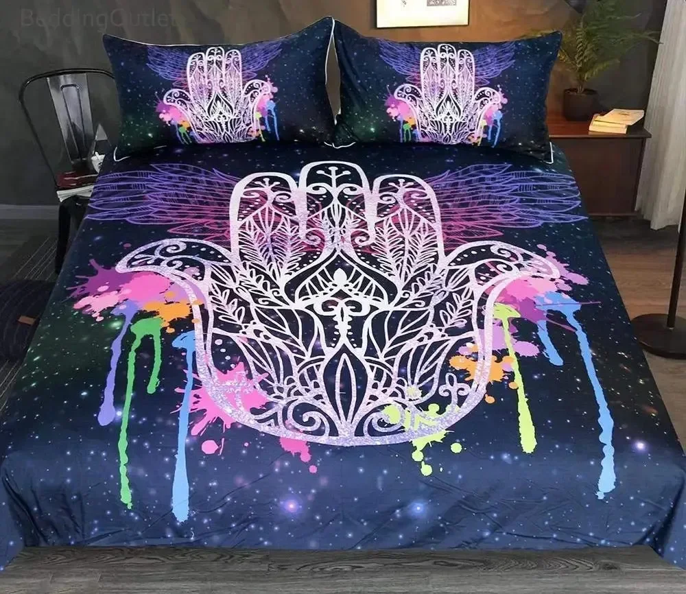 Hamsa Hand Duvet Cover King Queen Boho Black Gold Lucky Hand of Fatima Bedding Set Hippie Paisley Tribal Polyester Quilt Cover