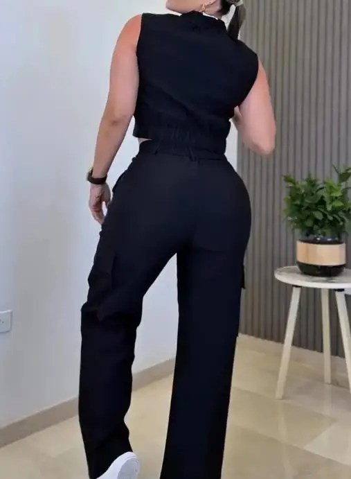 2025 Spring/Summer New Fashion Solid Color Two Piece Set 3D Work Bag Sleeveless Tank Top and High Waist Wide Leg Pants Set