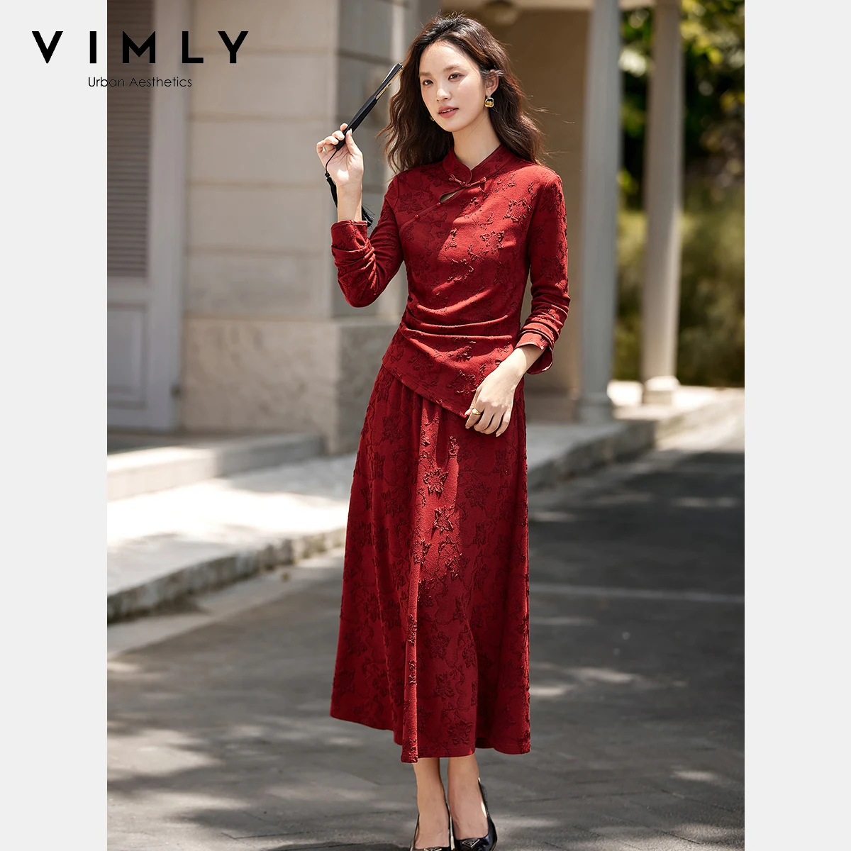 

VIMLY Woman Red Jacquard Skirt Sets Chinese Style 2025 Autumn Female Knitted Irregular Full Sleeve Tops Midi A-line Skirt A2896