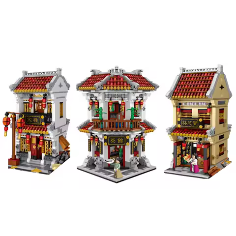 IDEA City Street View House Chinatown Mini Block China Teahouse Hotel Pharmacy Building Bricks Lion Dance Figures Toys For Gifts