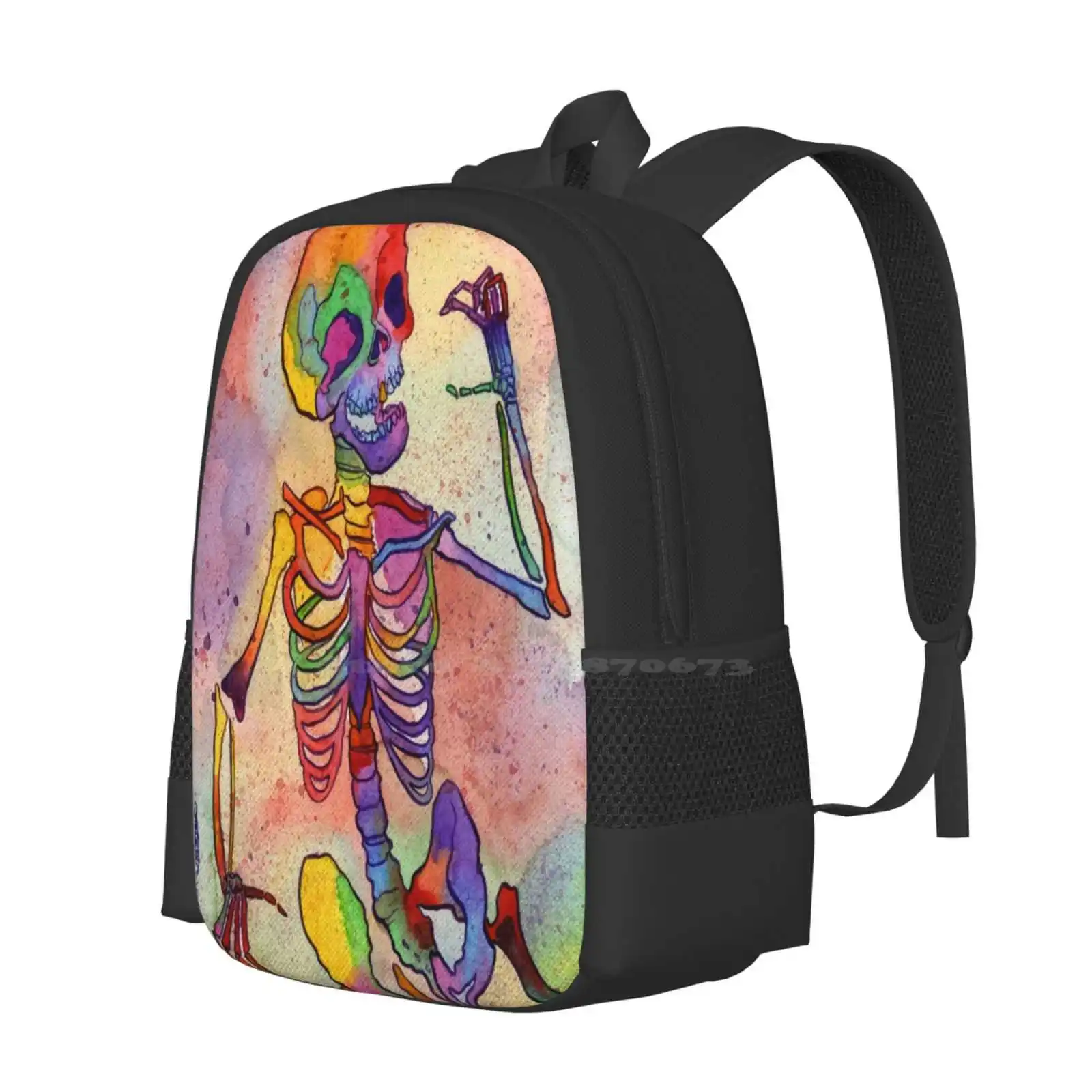 Rainbow Skeleton Teen College Student Backpack Pattern Design Bags Rainbow Skeleton Colorful Bones Skull Spooky Halloween