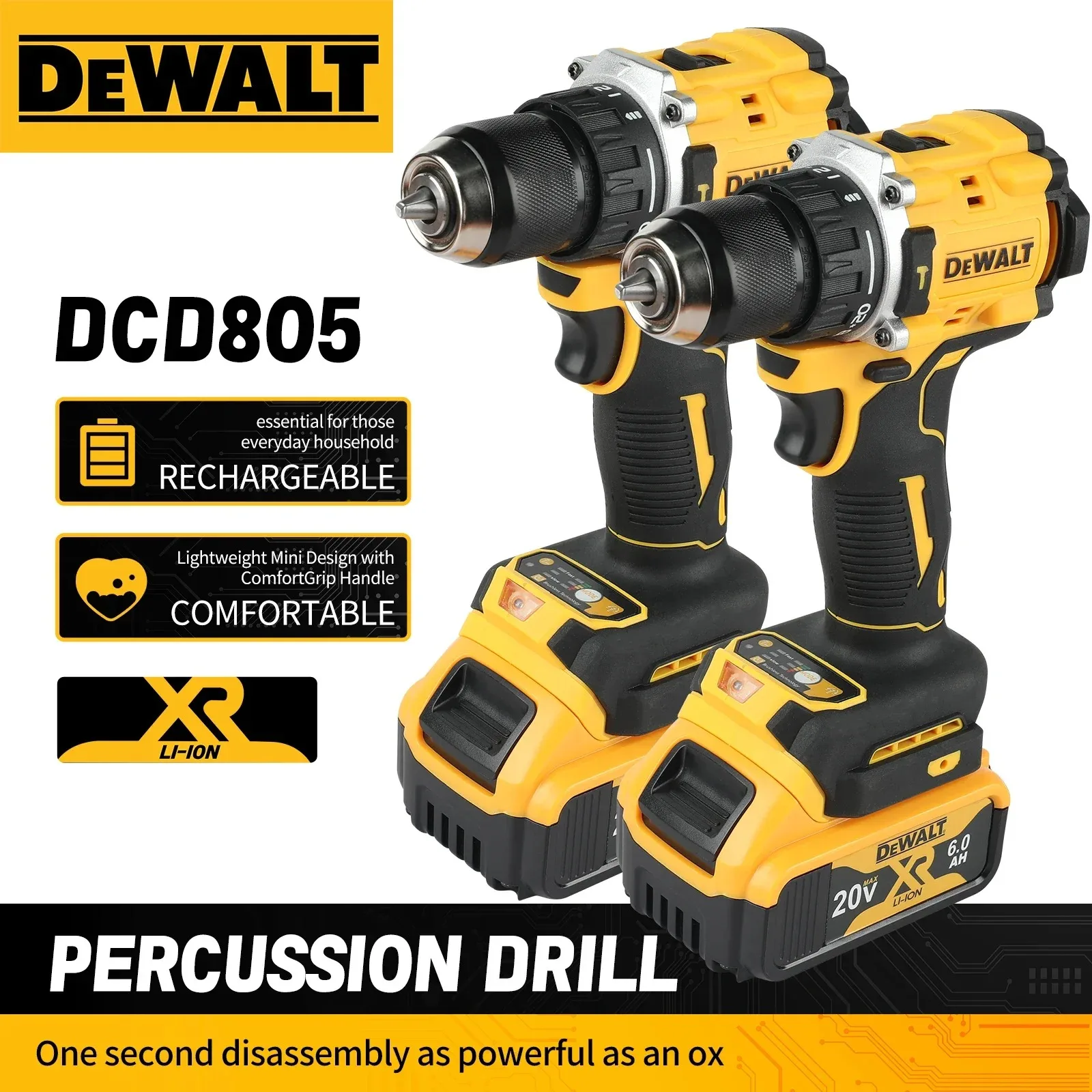 Original DEWALT Lithium Battery 20V DCD805 Rechargeable Brushless Compact Electric Screwdriver Hand Drill Impact Drill