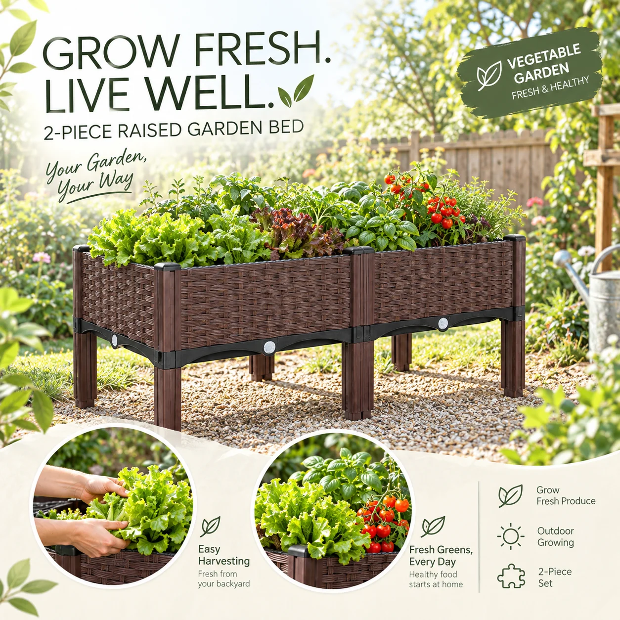 4-In-1 Vegetable Garden Planter, Raised Planter Box With Elevated Design, Removable Stand, Woven‑Style Side Panels And Drainage Holes, Outdoor Garden Bed For Seedlings Herbs Flowers And Vegetables,Patio Balcony Yard Home Gardening Plant Growing Space