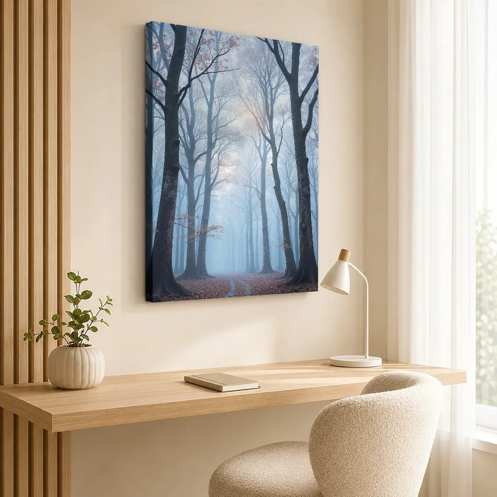 Misty Forest Path In Autumn Framed Canvas Print Customized Photo Detailed Realistic Composition Wall Art For Lodge Reception