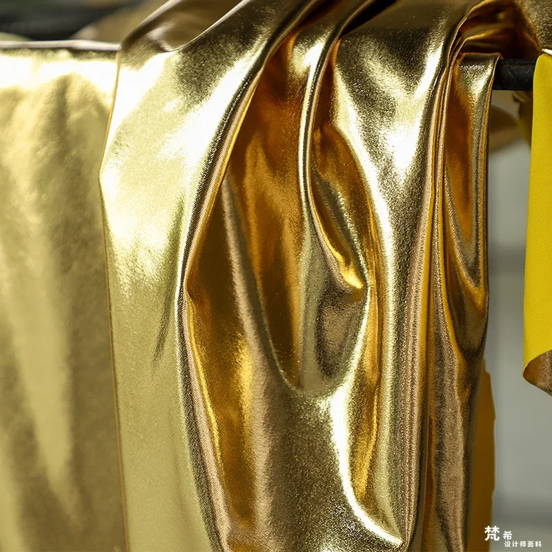 Designer Fabric TPU Artificial Leather Soft Bright Gold Mirror Coated Elastic Knitted Fabric Diy Sewing By The Meter Wholesale