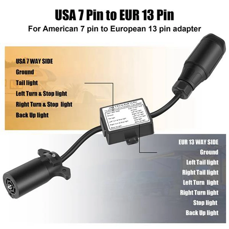 USA To European Trailer Light Converter 7 Way Flat Socket (US Vehicle) To 13-Pin Round Plug (EU Trailer)