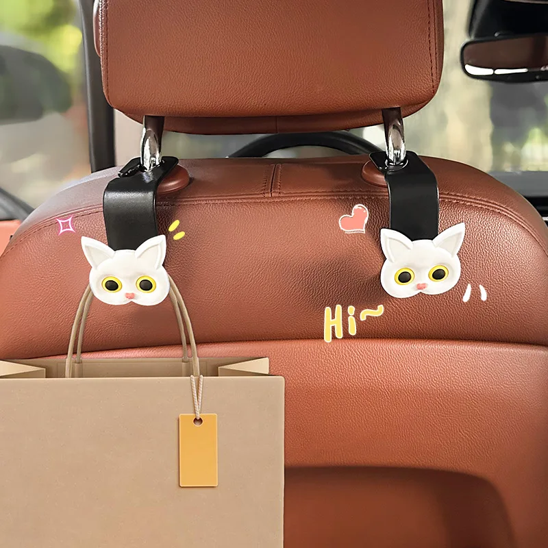 2pcs Adorable 3D Cartoon Cat Car Seat Headrest Hooks Headrest Organizer Rack Grocery Bag Handbag DecorationInterior Accessories