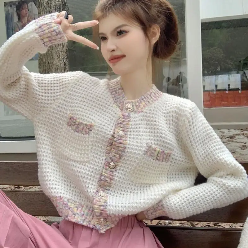 Women Autumn Korean Fashion Patchwork V-neck Long Sleeve Knitwear Women Clothes Simplicity All-match Knitting Cardigan Coat