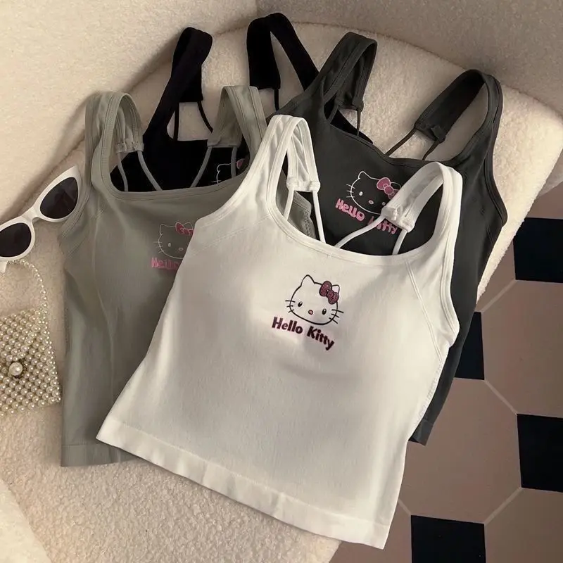Camisole Padded Vest Hello Kitty Cartoon Print Sanrio Versatile Underwear Women's Slim Hot Girl Pure Desire Slimming Topsb Cute