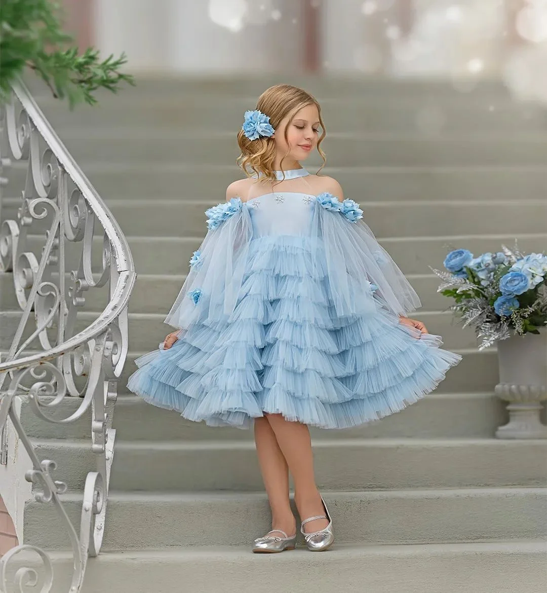 Vestido de niña de flores azul cielo para boda, apliques de tul con cuentas, vestidos de fiesta de cumpleaños eucarísticos de princesa para niños