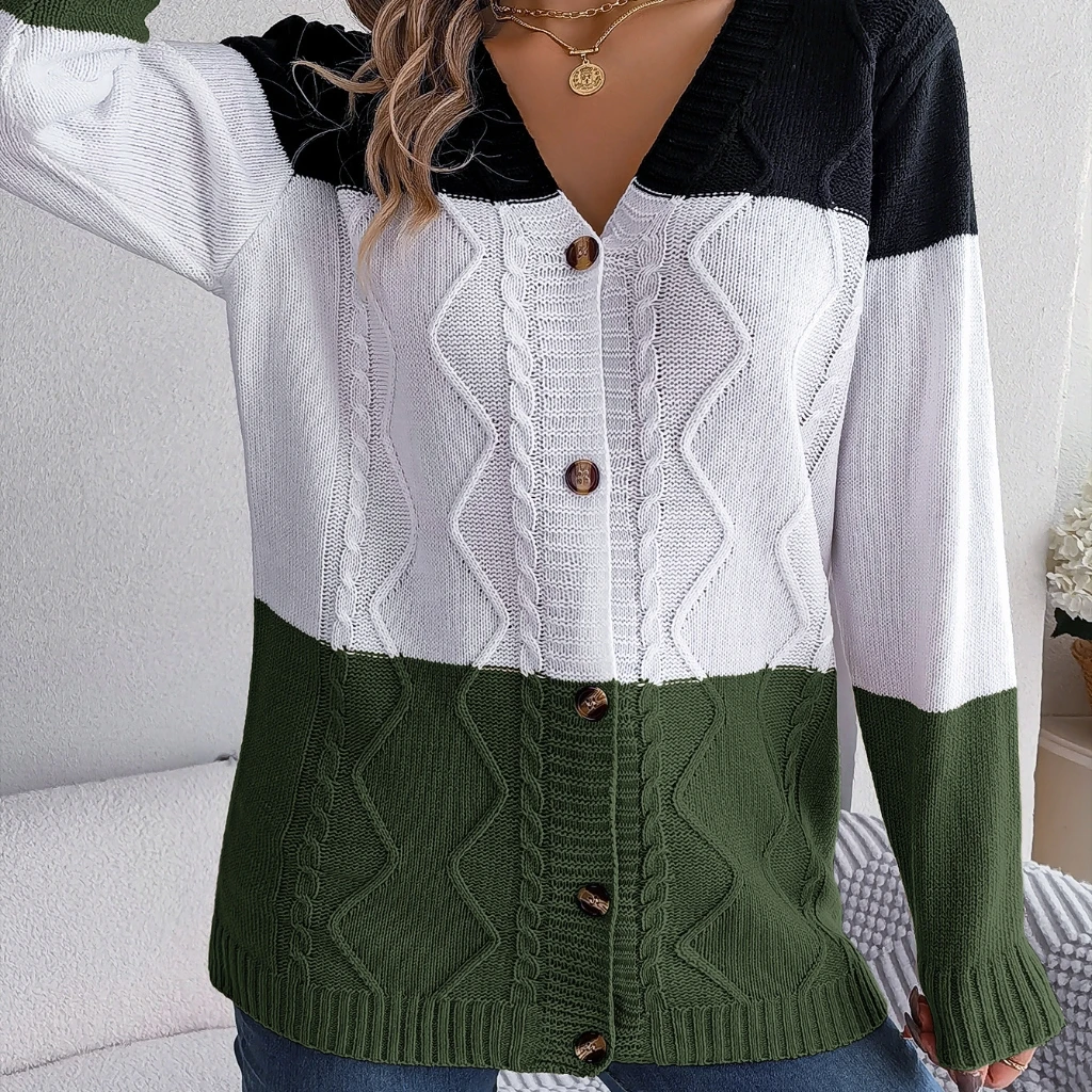 

Women's Autumn Winter Long Sleeve Button Cardigan Casual Contrast Color Ins Style Independent Station Sweater Coat