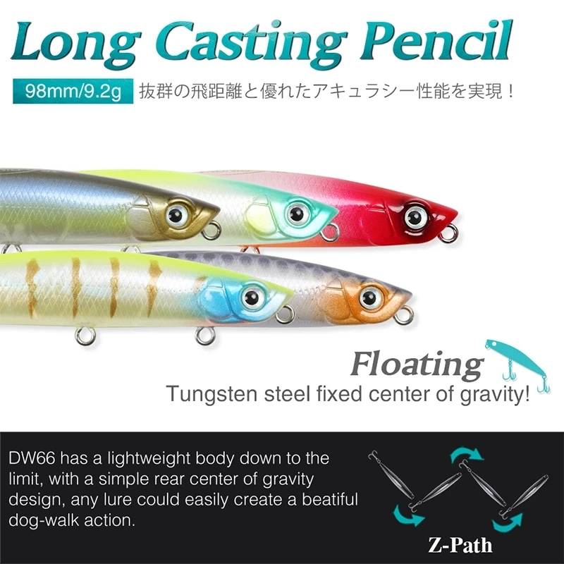 TSURINOYA Fishing Lure Pencil Hard Lure DW66 98mm 9.2g Floating Top Water Artificial MInnow Crankbait Leurre Isca 8 Colors 1pcs