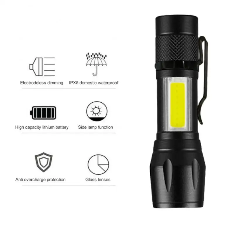 Zoom Foco Mini lanterna LED com construído em bateria, XP-G Q5 lâmpada, lanterna, luz de trabalho, recarregável, Camping luz