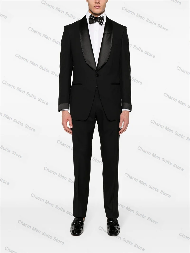 

Black Men Suits Pants Set 2 Piece Cotton Blazer+Trousers Customized Wedding Tuxedo Formal Office Coat Prom Jacket