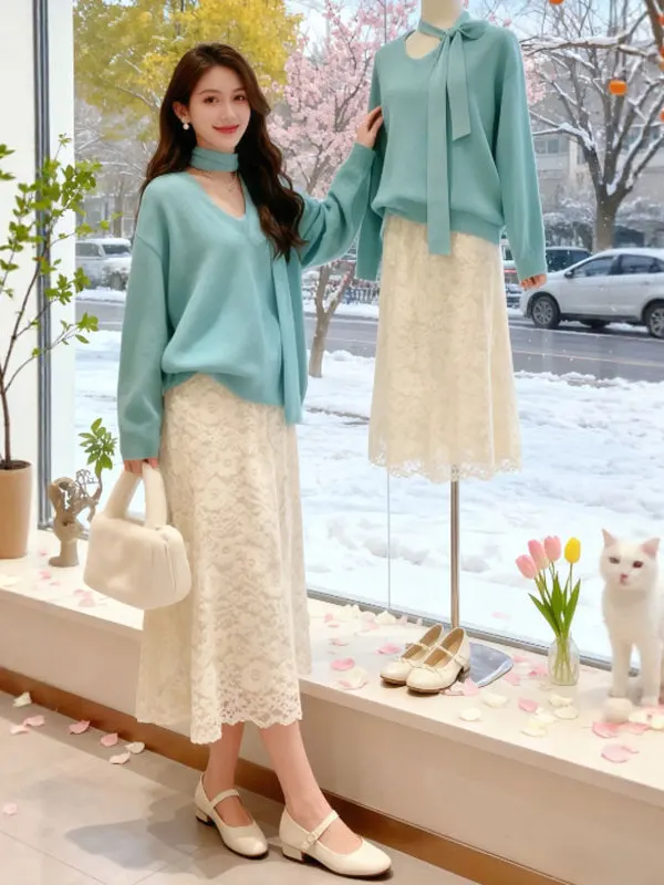 

Мягкий свитер с V-образным вырезом и юбка: комплект из двух предметов, удобный свободный крой, цветочный принт, высокая талия, осенний модный женский ансамбль