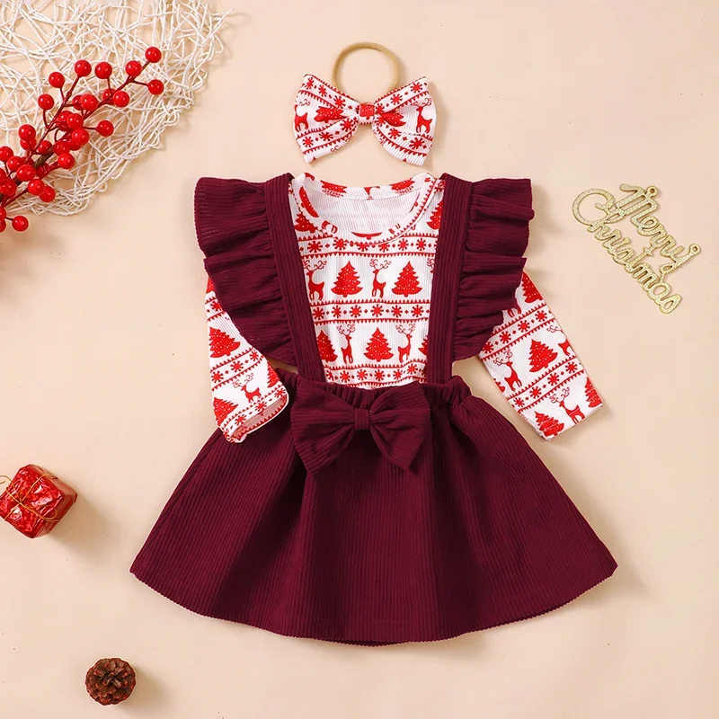 Infant Baby Girls Christmas Outfit Long Sleeve Tree Print Romper with Corduroy Suspender Dress and Headband Newborn Xmas Clothes