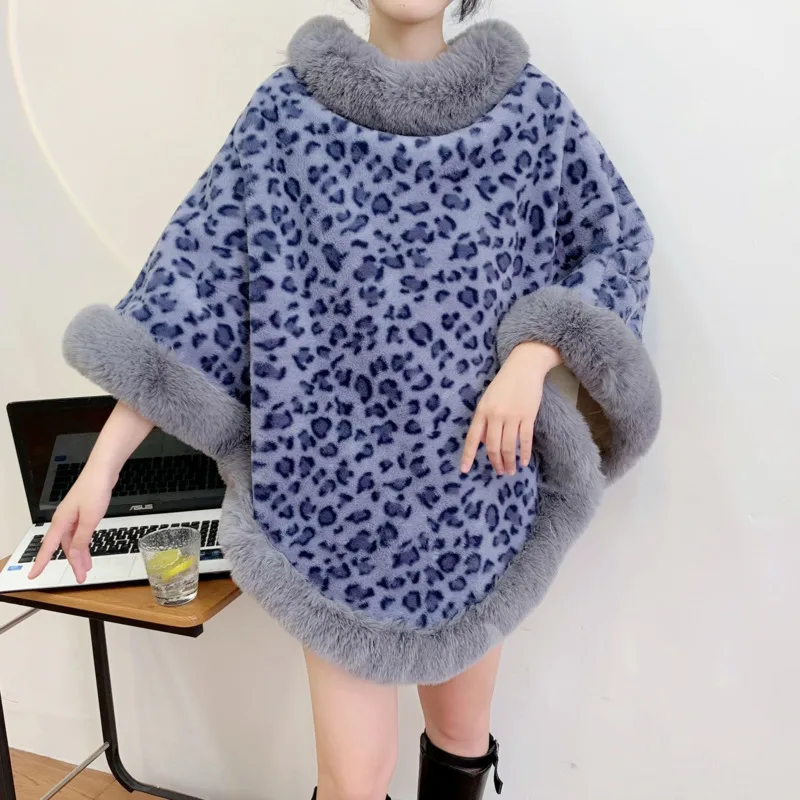 Fashion Leopard Soft Faux Rabbit Fur Poncho Coat Thicken Warm Fluffy Lining Pullover Cape Women Cold Winter New Wraps Shawl