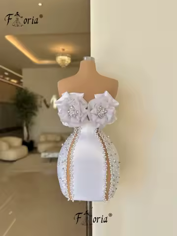 Ivory Pearls Flower Prom Dresses Beaded Crystals Sleeveless Short Evening Dress Cocktail Party Gown Homecoming Graduation Dress