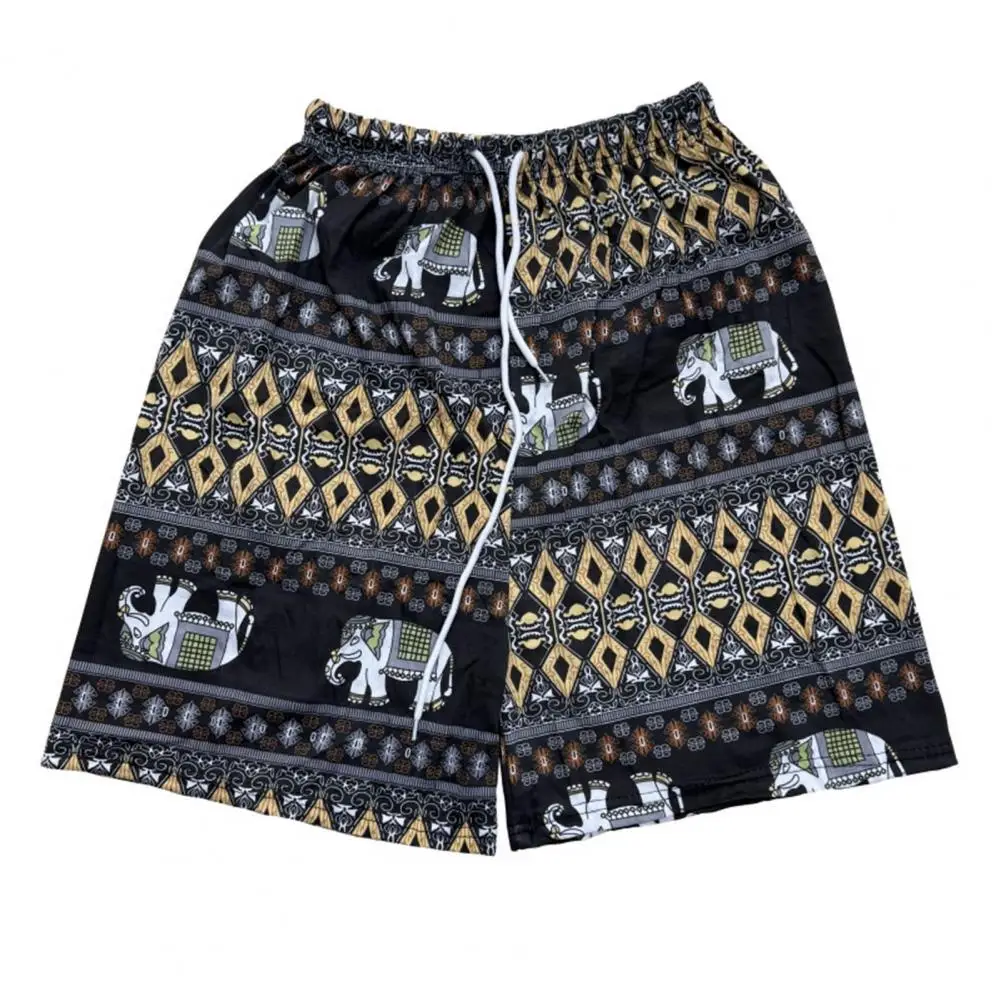 Women Casual Beach Shorts Drawstring Elastic Waist Shorts with Pockets Thai-Inspired Elephant Print Wide Leg Summer Shorts