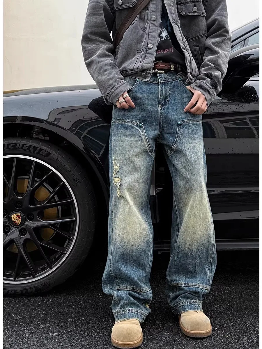 

Мужские джинсы большого размера в американском ретро-стиле, синие, повседневные, прямого кроя, свободные, рабочие, модные, молодежные, популярные