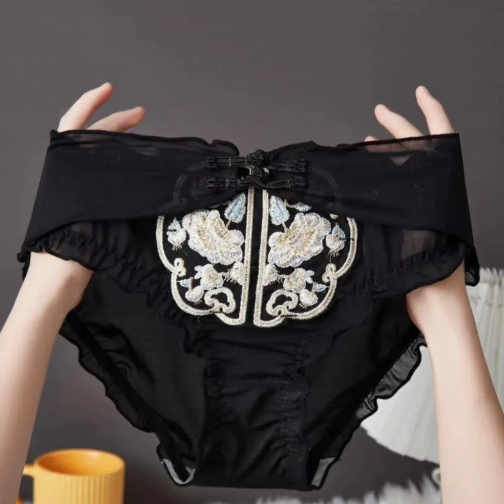 Thin Belt Retro Embroidered Underpants Transparent Underwear Mesh Mid Waisted Briefs Button Seamless Flower Ruffle Edge Panties