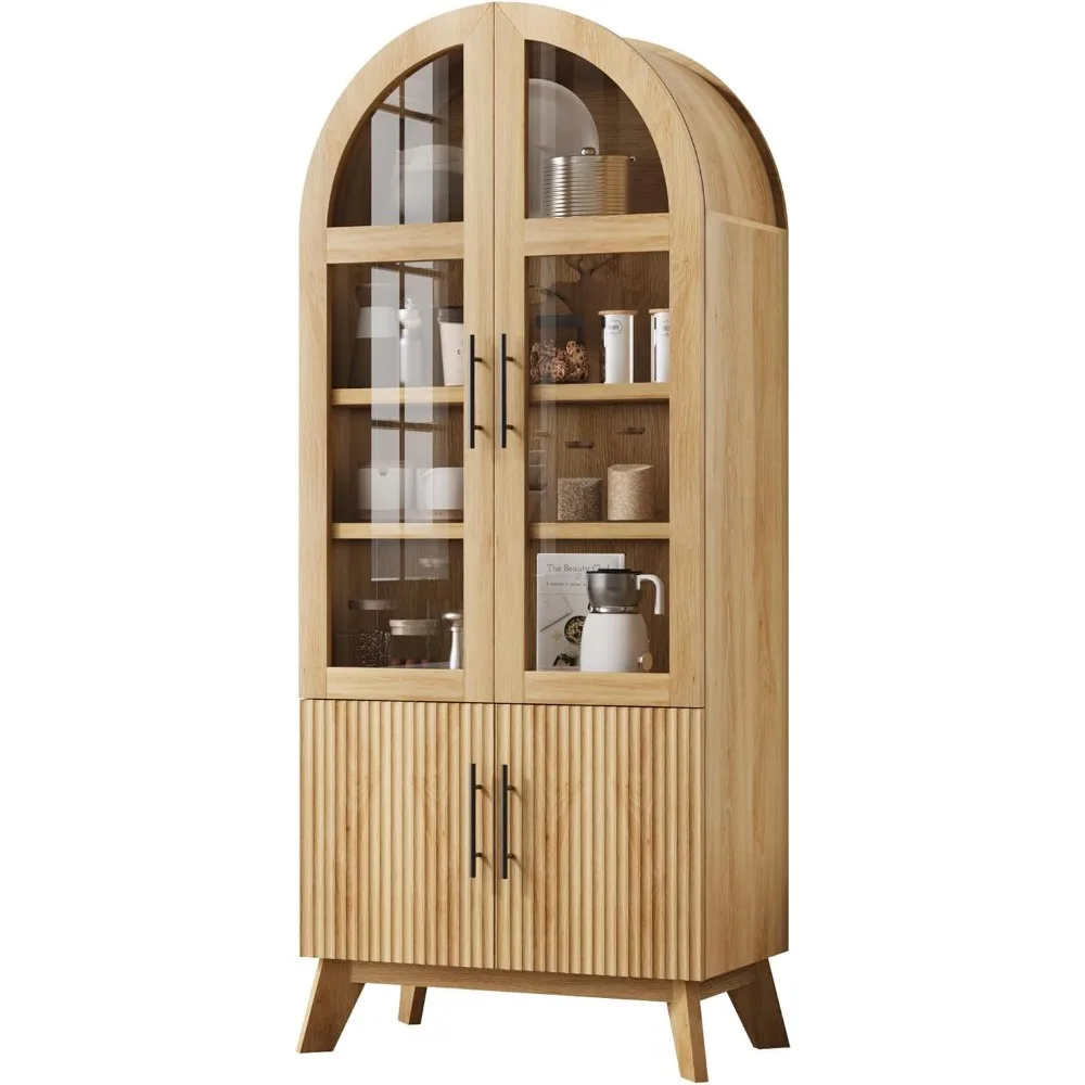 

"71 Inch High Modern Fluted Glass Door Kitchen Pantry Cabinet with Adjustable Shelves"