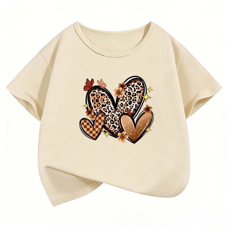 Art T-Shirt Leopard Love Heart Butterfly Printed T Shirt Girls' Summer Spring Short Sleeve Tops T-Shirts Cute Kids Clothing