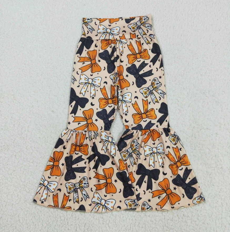 

New Arrive Boutique Orange Black Bows Ruffle leggings Girls Halloween Bell Bottom Pants