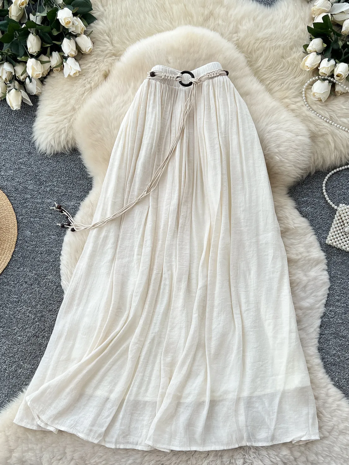 Chic Boho Red Textured Linen Maxi Skirt Women Elastic Waist Braided Belt Flowy Long Skirt Summer Beach Vacation Casual Bottom