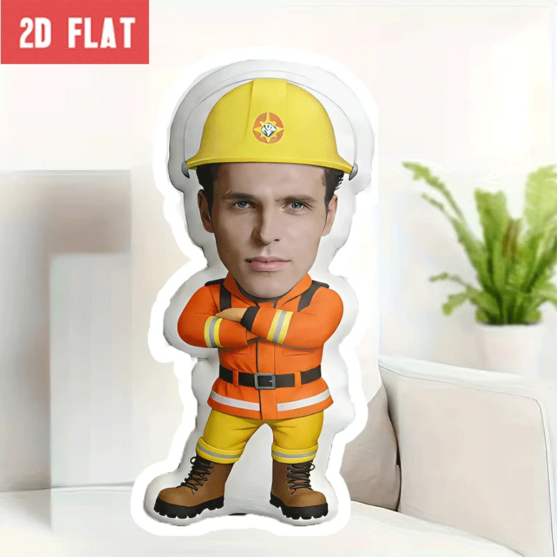 Personalized photo customization: Firefighter character customized facial pillow with 2D realistic pattern, 60cm large size