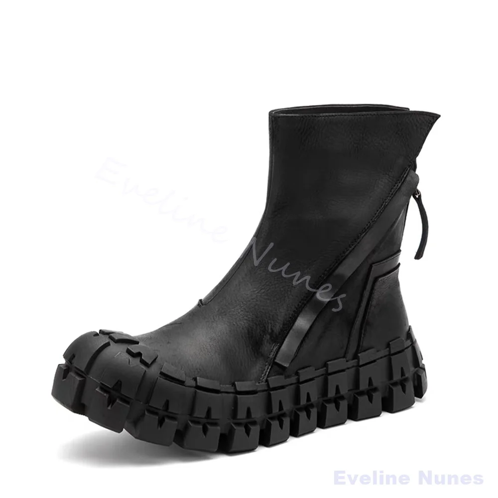 Men Black Genuine Leather Platform Ankle Boots Cyberpunk Geometric Stitching Thick Lug Sole Gothic Street Fashion Short Boots