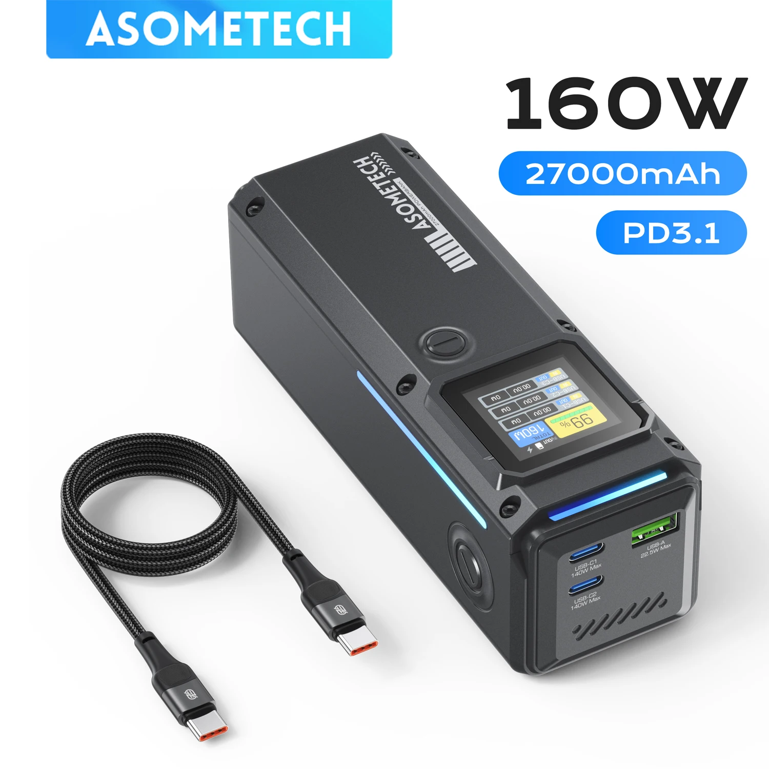 Banco de energía de 160W, 27000mAh, USB Dual C PD3.1, 140W, carga rápida, pantalla Digital, Banco de energía portátil para Iphone 17 16, Samsung Macbook