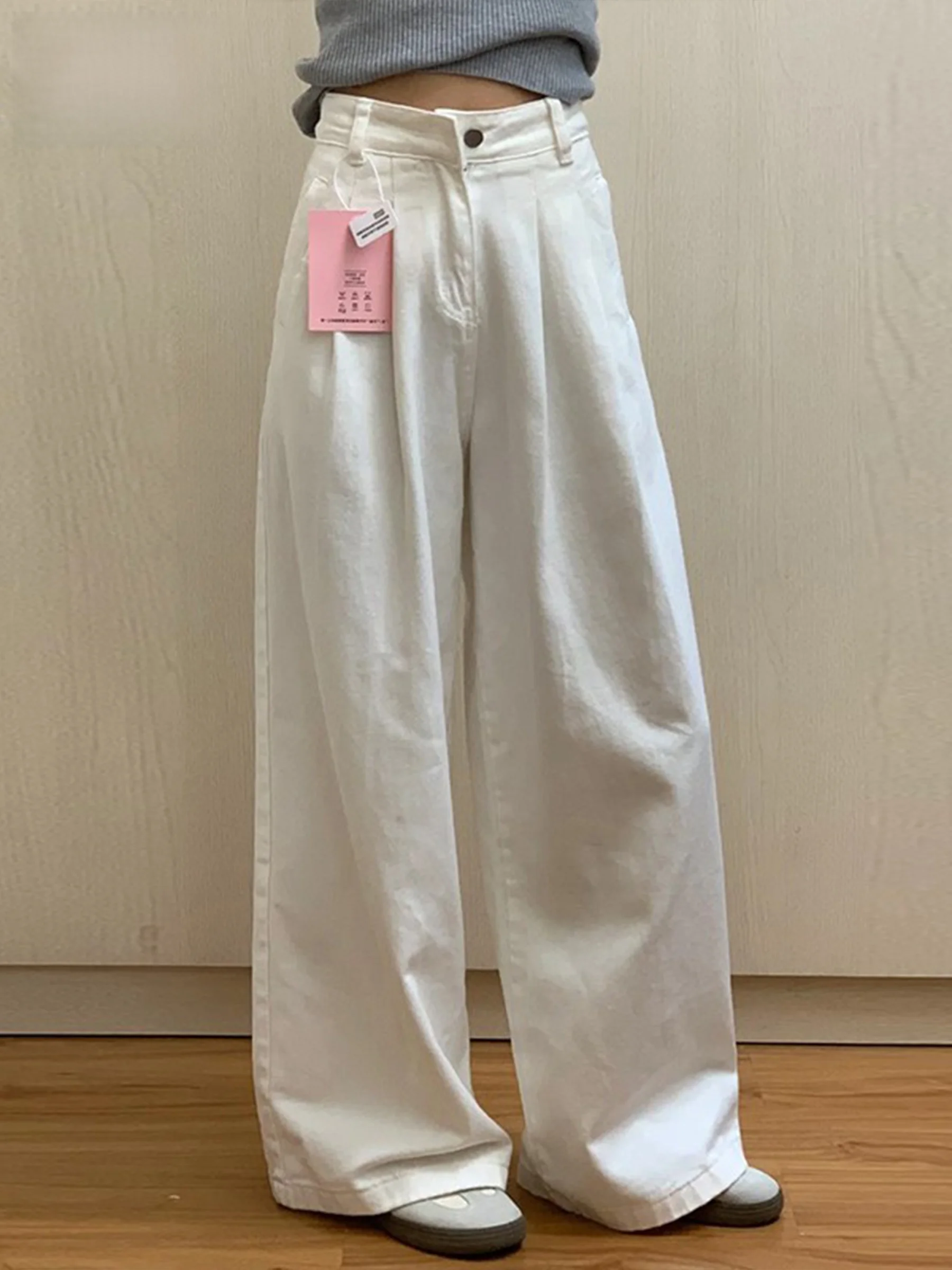 

White High Waist Wide Leg Jeans Women's Summer New Loose Slim Straight Lazy Style Floor Length Pants Elegant Style Button Craft